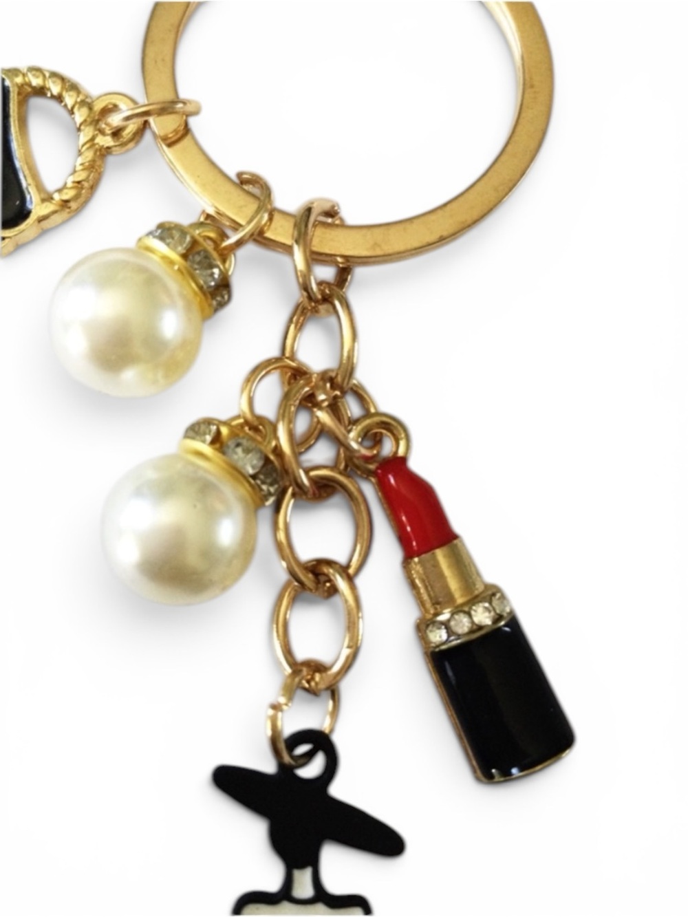 Fashion‑Girl Enamel Bag Charm / Keychain – Chic Black, Gold & Pearl Details - Picture 7 of 10